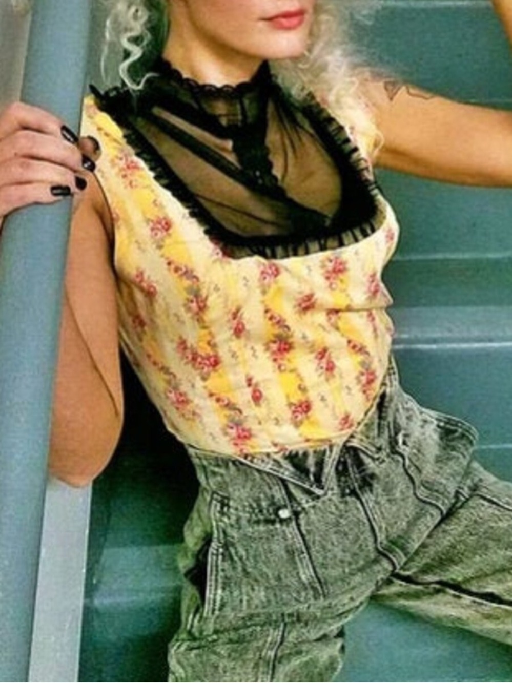 Vintage 90's Tracy Feith yellow and pink floral and black lace mock neck top